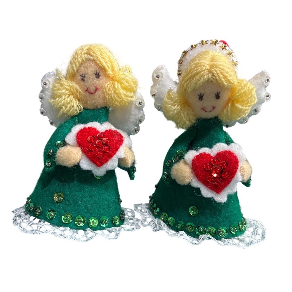 Handcrafted Felt Angel Ornaments W/ Lace Details & Heart Design‎ lot of 2